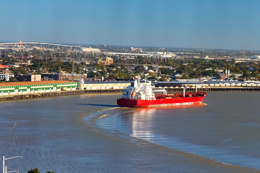 container ship on the Mississippi River in New Orleans heading to the Gulf of Mexico