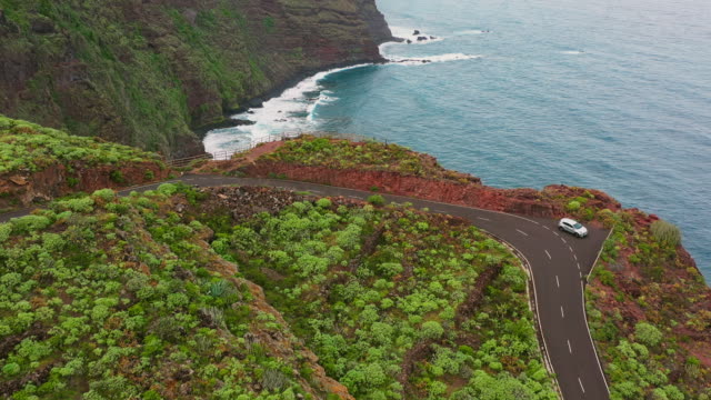 AERIAL WS Coastal road and cliffs / Canary Islands, Spain