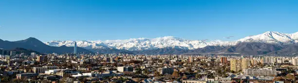 Elevated panorama photo of Santiago de Chile with the snowy Andes as background