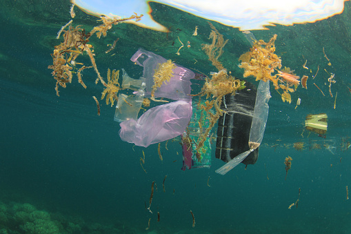 Plastic bags, bottles, straws, cups and other garbage pollute the sea. Underwater photo of trash dumped into sea instead of recycling.