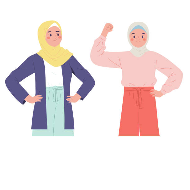 muslim women wearing hijab show off power during fasting Ramadan Muslim women wearing hijab showing off power during fasting Ramadan burka stock illustrations