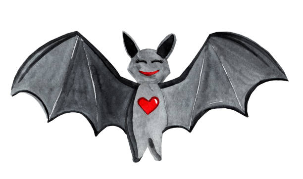 illustrazioni stock, clip art, cartoni animati e icone di tendenza di acquerello carino pipistrello nero felice con cuore rosso isolato su sfondo bianco - bat cartoon halloween wing