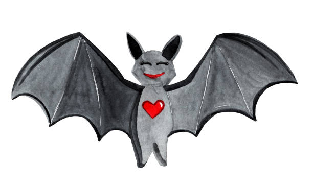 ilustrações de stock, clip art, desenhos animados e ícones de watercolor cute happy black bat with red heart isolated on white background - bat cartoon halloween wing