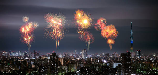 istock Fireworks over Tokyo cityscape at night, Japan 1255319584