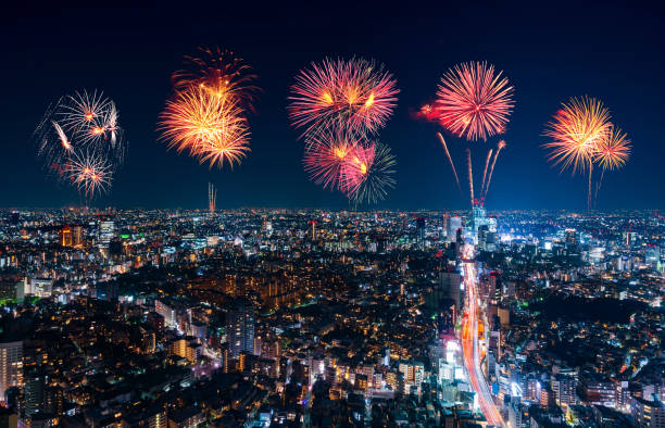 istock Fireworks over Tokyo cityscape at night, Japan 1255319605