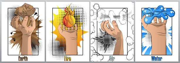 Hand holding four nature element: earth (ground), fire, water and wind Hand holding four nature element: earth (ground), fire, water and wind - comic book style, cartoon vector illustration. Poster the four elements stock illustrations