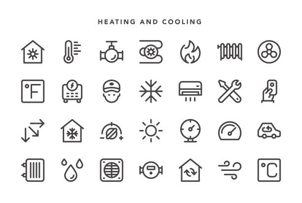 Heating and Cooling Icons Heating and Cooling Icons - Vector EPS 10 File, Pixel Perfect 28 Icons. machine valve stock illustrations