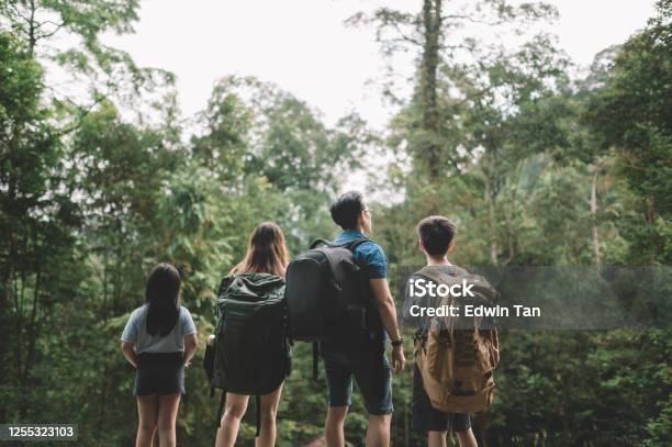 An Asian Chinese Family Of 2 Children Standing In Front Of The Tropical Rainforest In The Morning Looking Stock Photo - Download Image Now