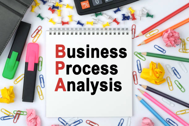 istock On the table is a calculator, diary, markers, pencils and a notebook with the inscription - Business Process Analysis 1255326056