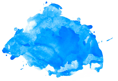Blue watercolor splatter with splashes on white watercolor paper