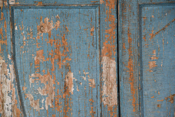 background old cabinet door with falling blue paint. - injecting tree close up old imagens e fotografias de stock