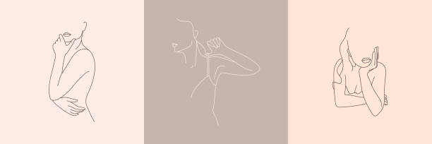 set von abstrakten minimalistischen weiblichen figur in unterwäsche. vektordarstellung des weiblichen körpers in einem linearen stil. - naked people women female stock-grafiken, -clipart, -cartoons und -symbole
