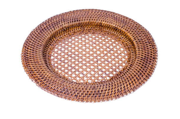 istock Brown decorative wicker plate isolated on white background. 1255332495