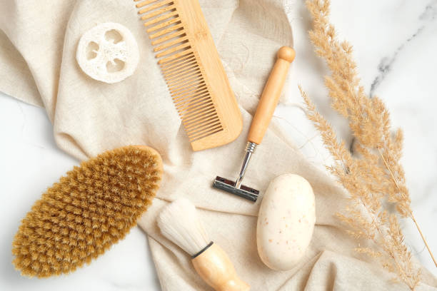 istock Flat lay composition with men's shaving tools and bath accessories on marble background. 1255333533