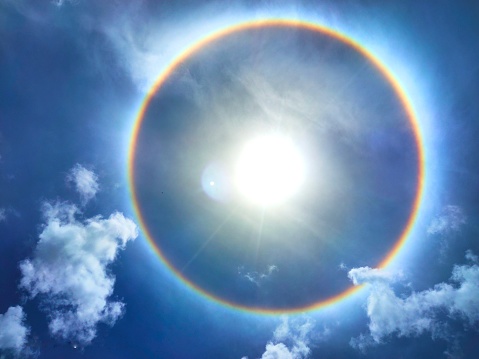 Halo is the name for a family of optical phenomena produced by light interacting with ice crystals suspended in the atmosphere. Halos can have many forms, ranging from colored or white rings to arcs and spots in the sky.