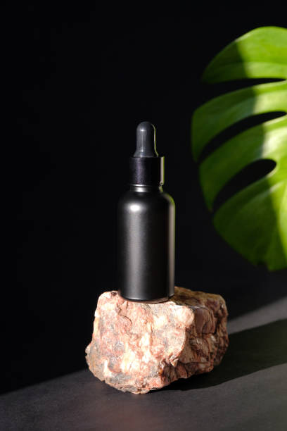 istock Black glass dropper bottle mockup on stone with tropical palm leaf on dark background. Luxury cosmetic packaging design 1255334869