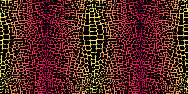 ilustrações de stock, clip art, desenhos animados e ícones de seamless pattern with crocodile or alligator print. colorful red and yellow gradient snake skin texture imitation wallpaper. animalistic leather vector background. - pelagem de animal
