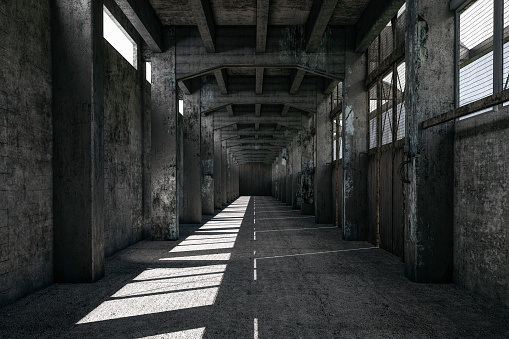 Abandoned industrial warehouse on ruined brick factory, creepy interior, perspective toned