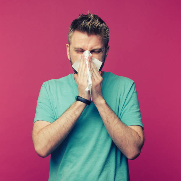 istock studio picture from a young man with handkerchief. Sick guy isolated has runny nose. man makes a cure for the common cold 1255340093