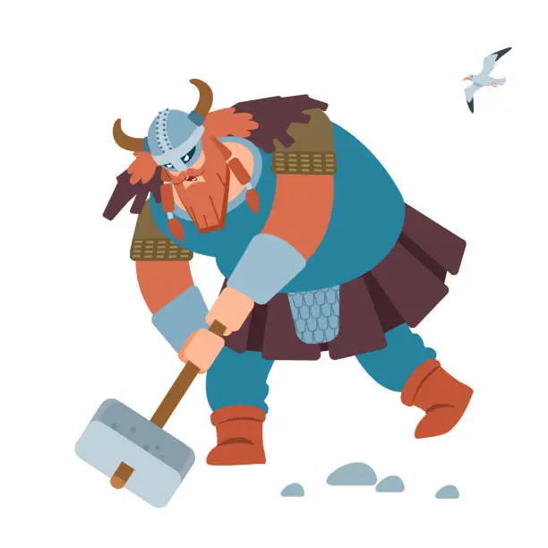 Vector illustration of Viking. Crazy strong viking with traditional costume attacking. Isolated on white background. Vector flat illustration