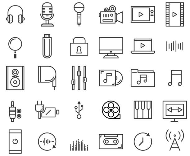 Set of Vector Media Line Icons. Editable Stroke. 64x64 Pixel Perfect.