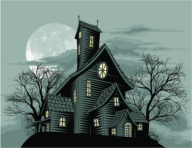 Creepy haunted ghost house scene illustration Halloween scene. Illustration of a spooky haunted ghost house mansion stock illustrations