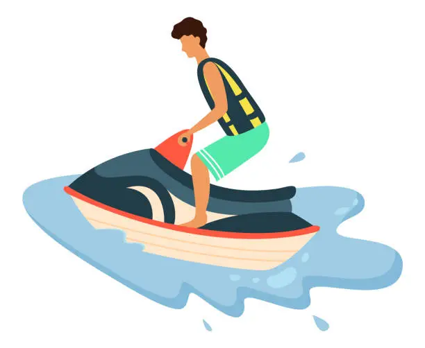 Vector illustration of Boy in Life Jacket Riding Water Scooter Vector