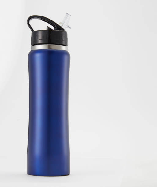 istock Full length blue aluminium waterbottle. Isolated on white background. 1255346089
