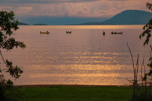 劇的なスカイピンクの日の出の反射を持つアフリカの湖の伝統的な漁船 - lake victoria ストックフォトと画像