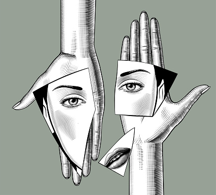 Engraved vintage drawing of fragments of a broken mirror with a reflection of a female face on female hands. Vector Illustration