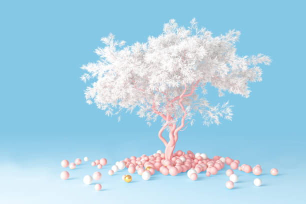 istock 3D render of clean minimal design a soft coniferous tree with a white crown isolated on a light blue background that grew out of a pile of balls on the floor 1255348116