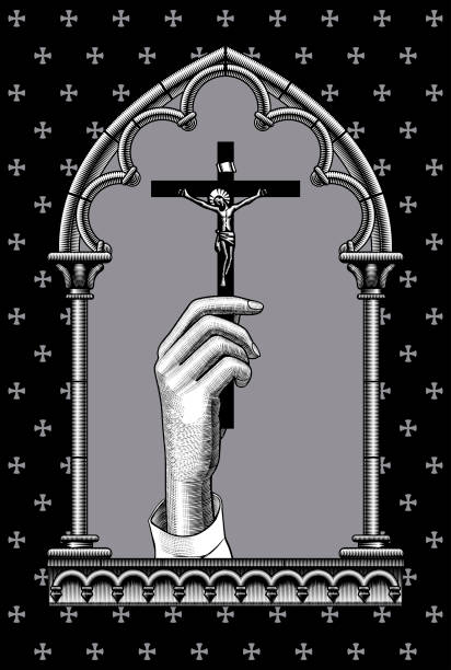 Engraved vintage drawing of a female hand with a cross in a classic gothic architectural decorative frame. Vector illustration Engraved vintage drawing of a female hand with a cross in a classic gothic architectural decorative frame. Vector illustration church borders stock illustrations