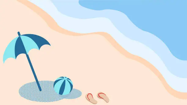 Vector illustration of Landscape with umbrellas and beach balls on the beach