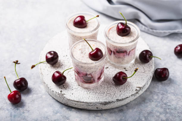 istock Chia pudding with cherry berries, natural yogurt,  in a glass on a grey surface. Selective focus. Healthy dessert, proper nutrition, super food. 1255350972