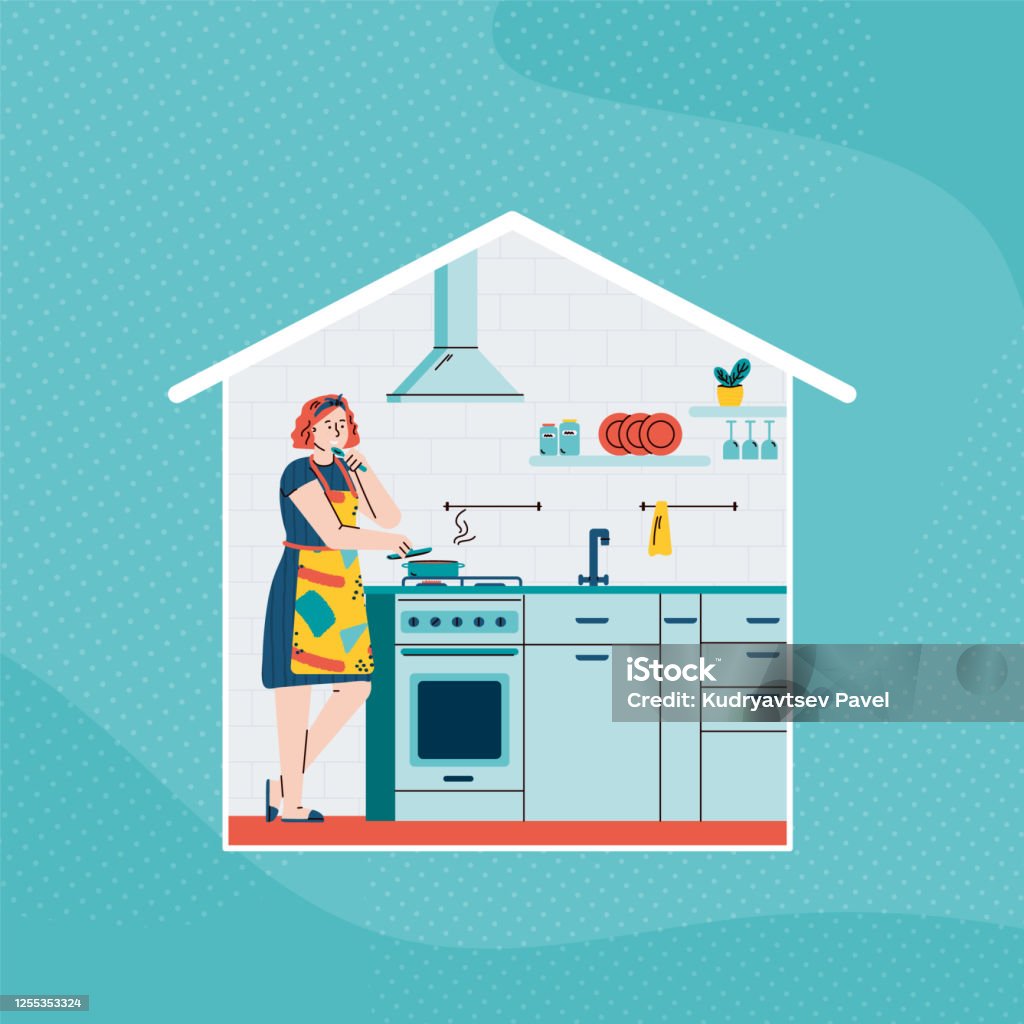 Ilustración de Mujer Cocinando Comida En Casa Chica De Dibujos Animados En  La Cocina De Pie Junto A La Estufa y más Vectores Libres de Derechos de  Actividad - iStock