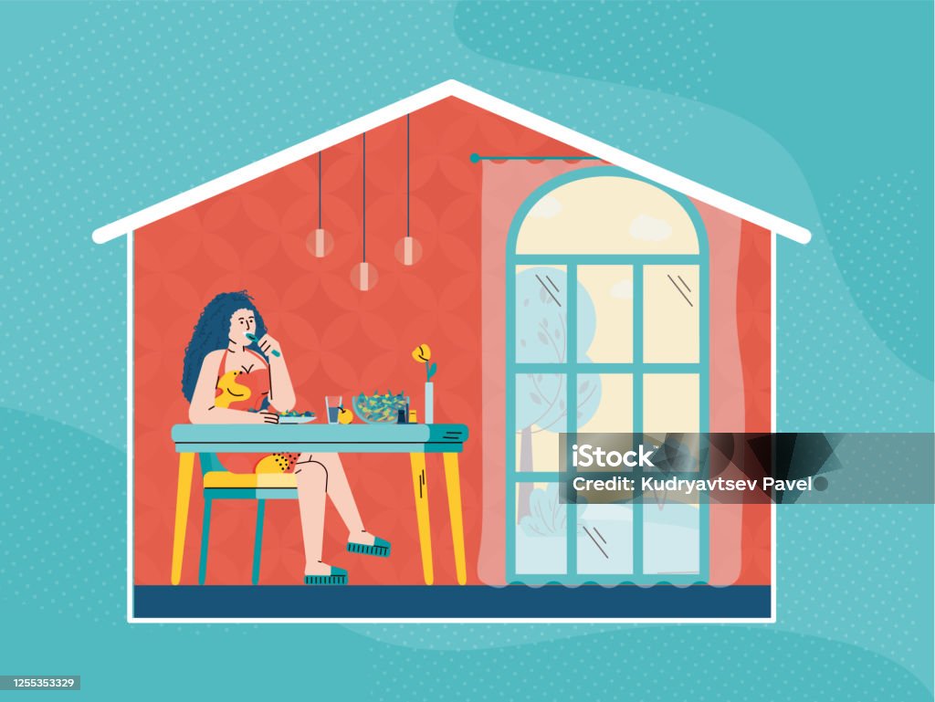 Ilustración de Mujer Comiendo Comida En Casa Chica De Dibujos Animados  Sentado En La Mesa De La Cocina Con La Comida y más Vectores Libres de  Derechos de Actividad - iStock