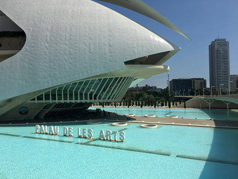 Valencia, Spain - July 4, 2020: The Palace of the Arts  is an opera house and cultural centre. Is part of the City of the Arts and the Sciences designed by architect Santiago Calatrava