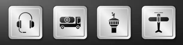 Vector illustration of Set Headphones with microphone, Fuel tanker truck, Radar and Plane icon. Silver square button. Vector