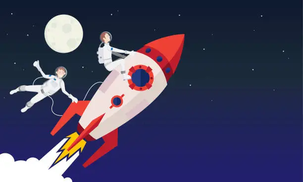 Vector illustration of Rockets and astronauts in space