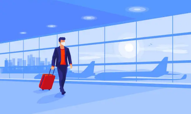 Vector illustration of Business man traveler wiht face mask  walking at empty airport gate terminal