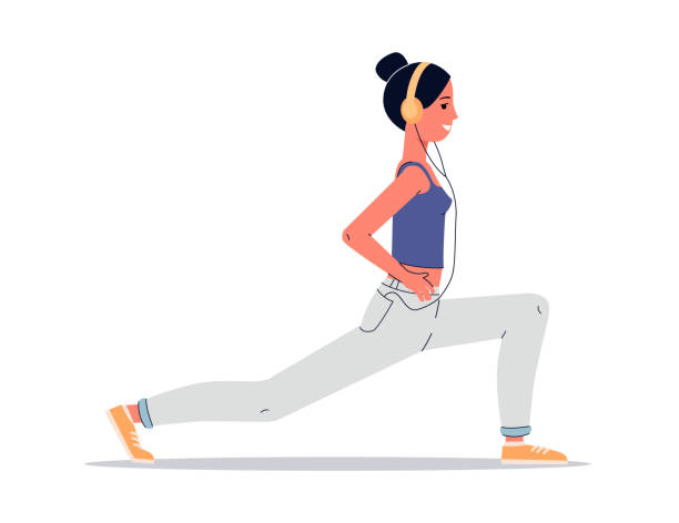 ilustrações, clipart, desenhos animados e ícones de mulher fazendo yoga com fones de ouvido - atleta de desenho animado feminino em pose de pulmão - muscular build audio