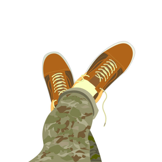 foot in sneakers Isolated vector illustration of upturned legs, sneakers unlaced. Symbol rest at a halt, relaxation, indifference. feet up stock illustrations