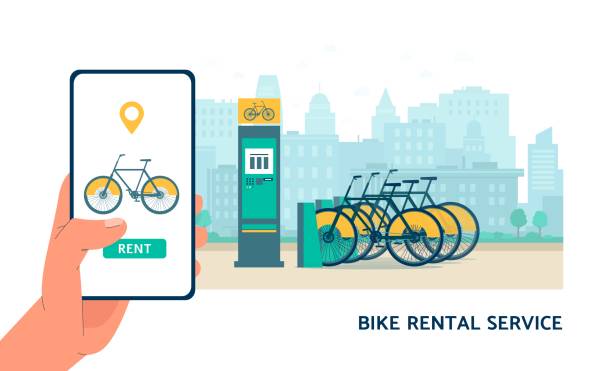 illustrations, cliparts, dessins animés et icônes de bannière d’application de service de location de vélo avec le stand de location de smartphone et de bicyclette - location vélo