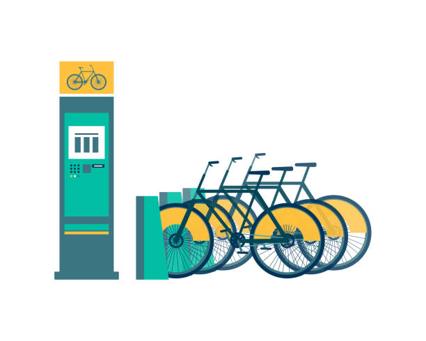 illustrations, cliparts, dessins animés et icônes de stand de location de vélos isolés avec vélos de location et terminal électrique - location vélo