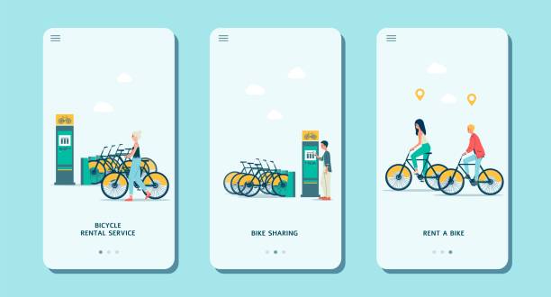 Bicycle rental mobile app page onboard screen set, flat vector illustration. Bicycle rental application mobile page onboard screen set, flat vector illustration. Web page template for ecological urban transport rental and sharing. rent a bike stock illustrations