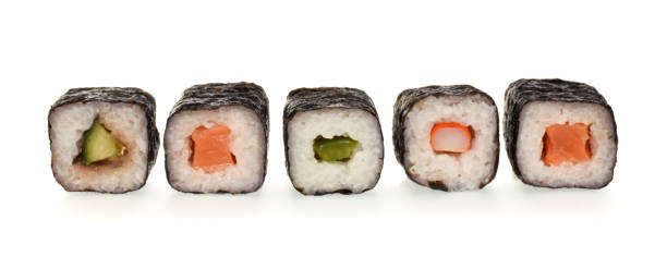 istock Sushi in a row closed up isolated on white 1255360447