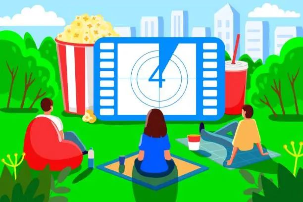Vector illustration of Open air cinema outdoor movie theater in summer park people watching movie in open-air cinema