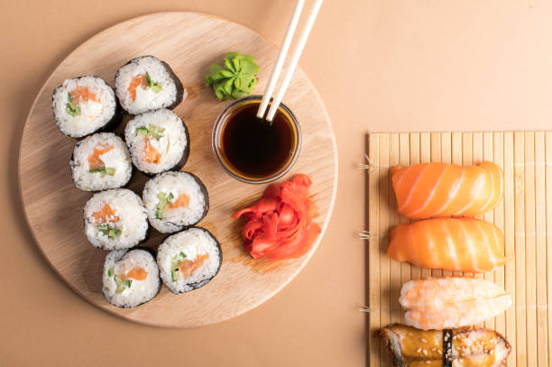 istock Composition with delicious nigiri sushi and rolls 1255361955