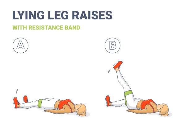 ilustraciones, imágenes clip art, dibujos animados e iconos de stock de levantamiento de piernas acostadas con ilustración de ejercicio de banda de resistencia. concepto colorido de chica haciendo piernas levantar ejercicio de entrenamiento - abdomen abdominal muscle muscular build beautiful