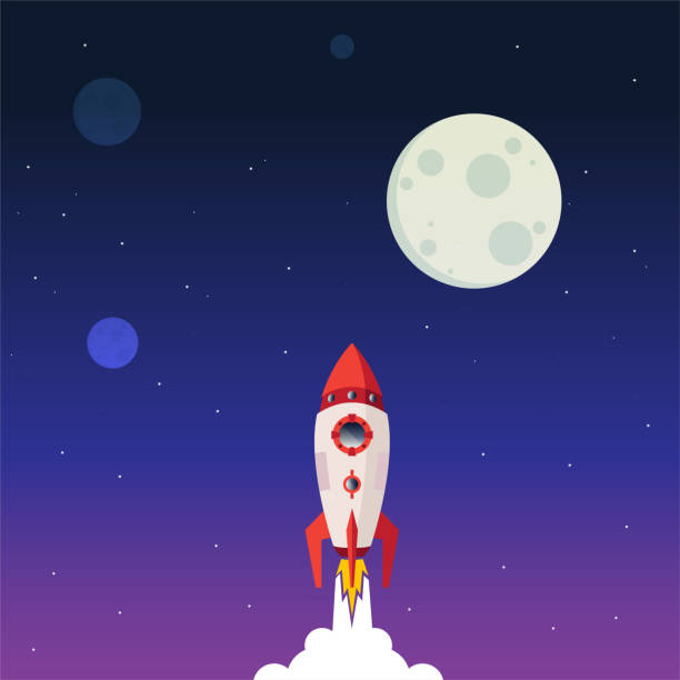 illustrations, cliparts, dessins animés et icônes de démarrage d’entreprise, lancement de rocket jusqu’à l’espace. - lune